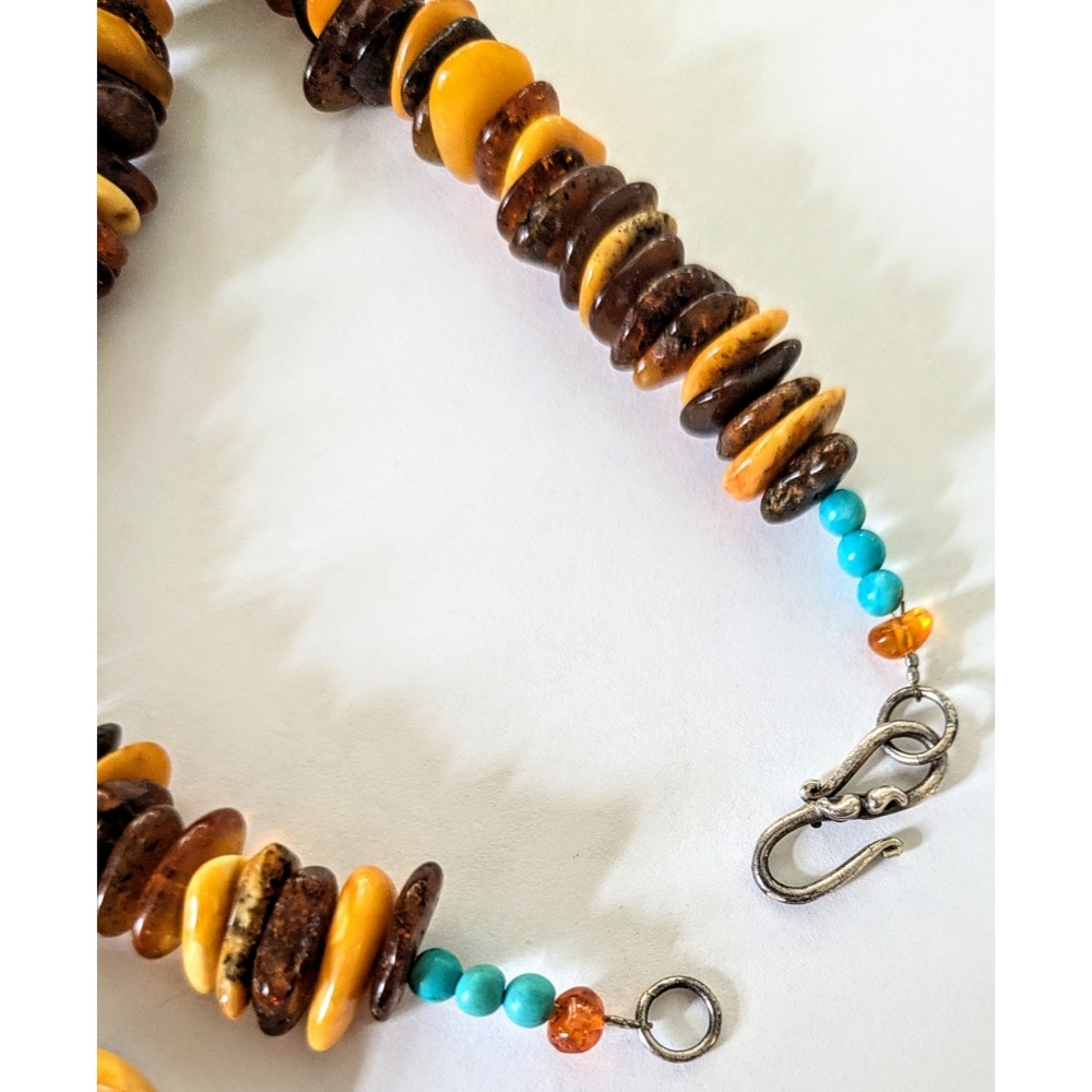 Sterling Egg Yolk Baltic Amber Blue Turquoise Chunks Beaded Pendant Necklace 22" - Picture 11 of 12
